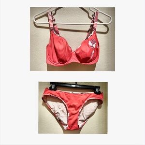 Hot coral Freya bikini set 32 E/small bottoms with cute Hawaiian flower accent